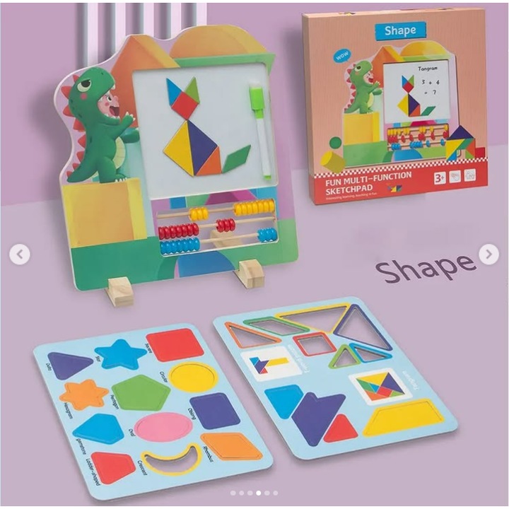 Jucărie educativă 3-in-1 din lemn, tangram magnetic, puzzle forme geometrice, abac, multicolor, 3 ani