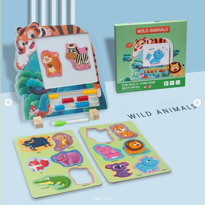 Jucărie educativă din lemn 3-in-1, tabla magnetică, puzzle animale sălbatice, abac, multicolor, 3 ani