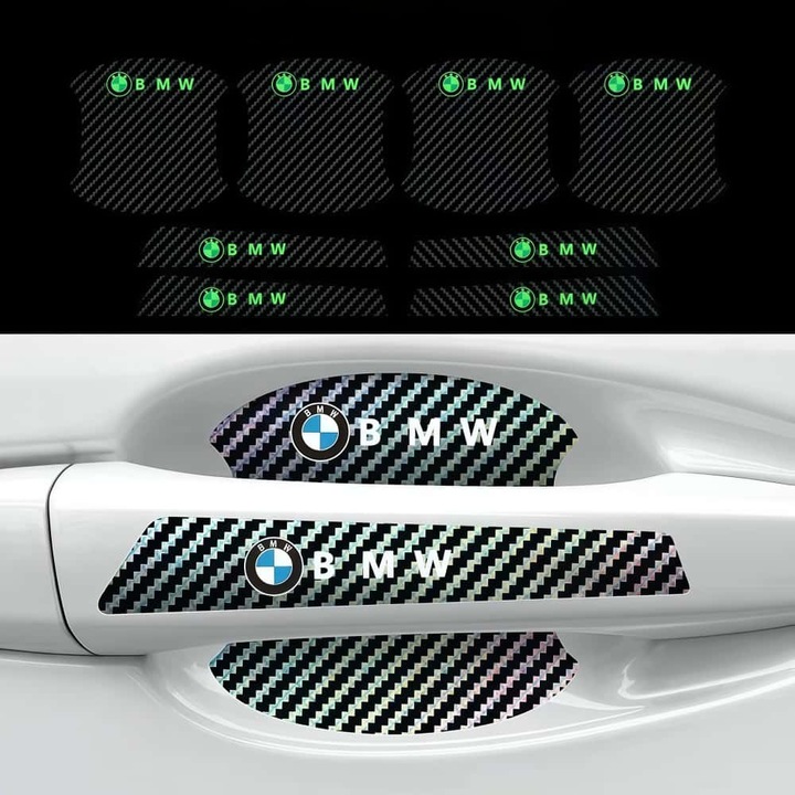 Set de 8 Protectii Luminoase ARRRD pentru Maner Usă BMW, Carbon Fiber, Rezistente la Uzură, Dimensiuni Adaptate