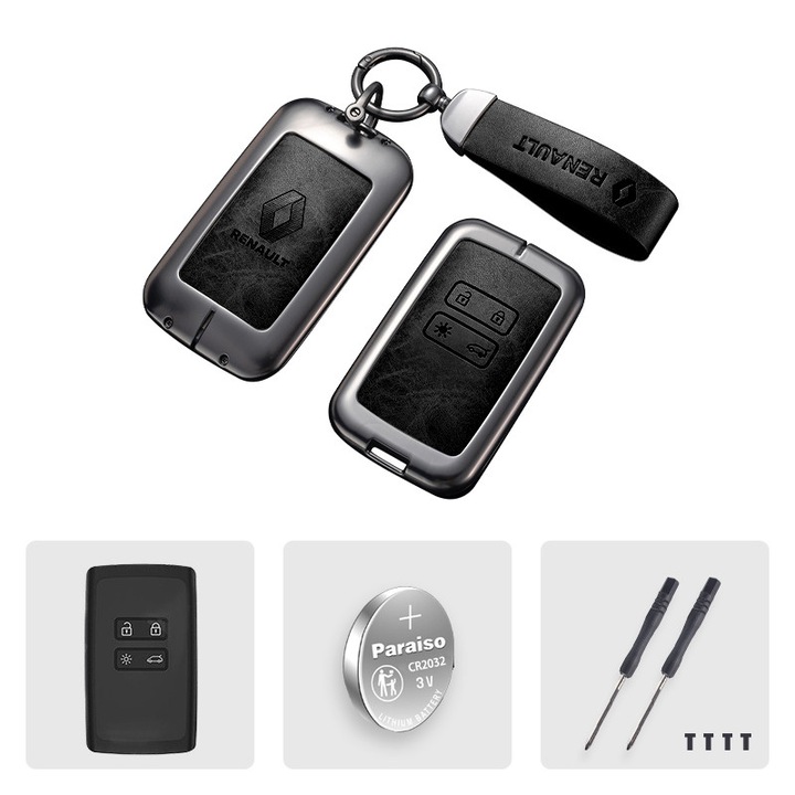 Husă premium pentru card-cheie Renault, MagAuto, 4 butoane, aliaj zinc + piele neagră, culoare bronz, set complet