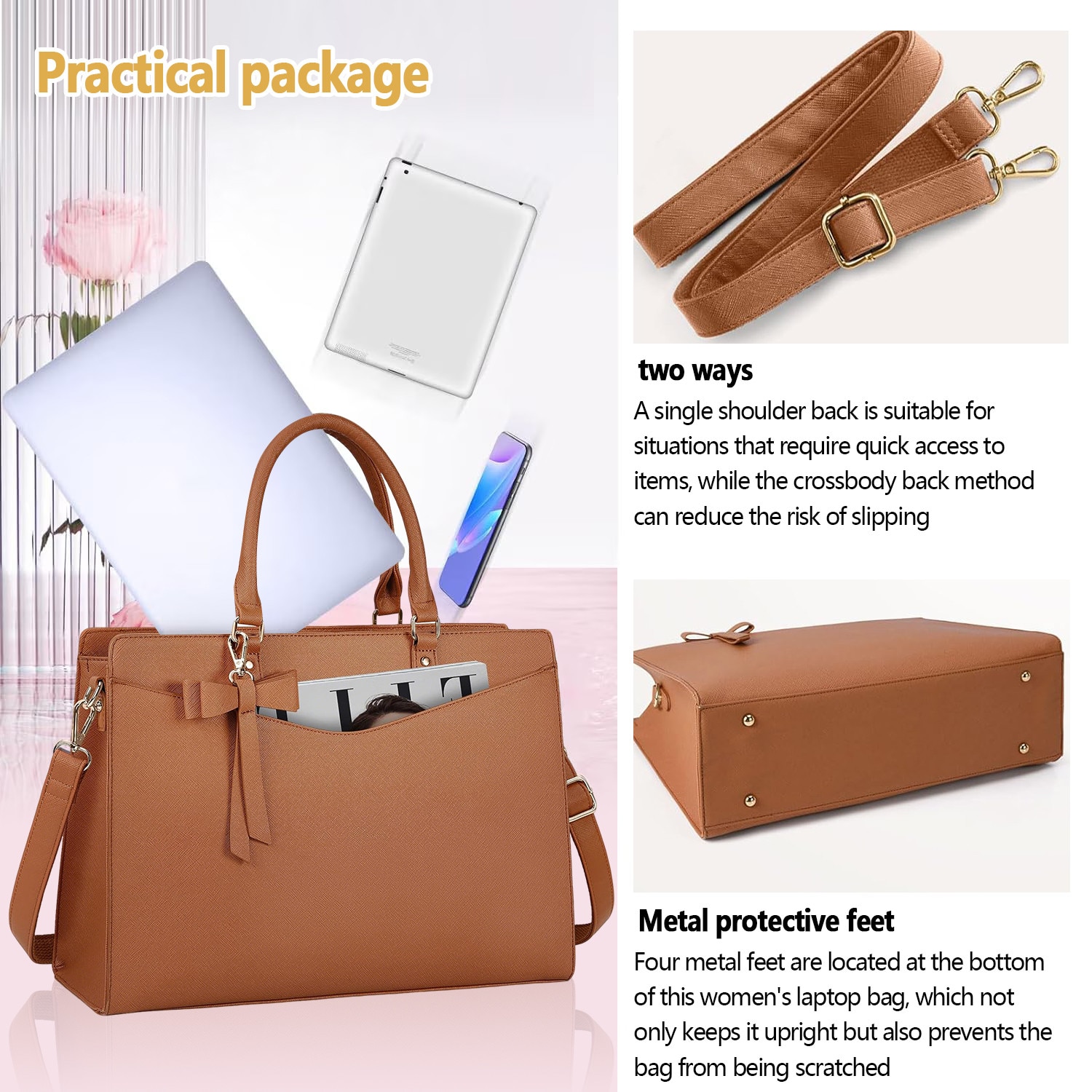 Geanta Laptop pentru Femei, BYONDSELF, 15.6", Multiple Compartimente Interioare, Curea de Umar Reglabila, Din Piele Ecologica PU, Universal, maro