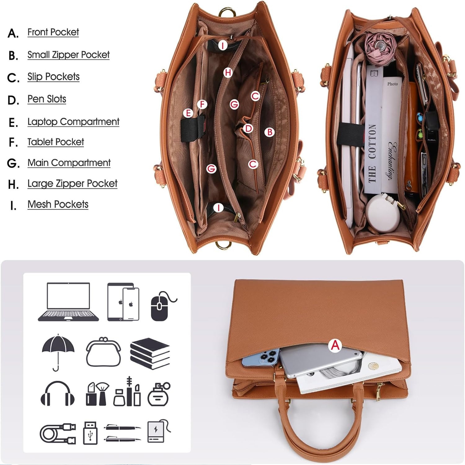 Geanta Laptop pentru Femei, BYONDSELF, 15.6", Multiple Compartimente Interioare, Curea de Umar Reglabila, Din Piele Ecologica PU, Universal, maro
