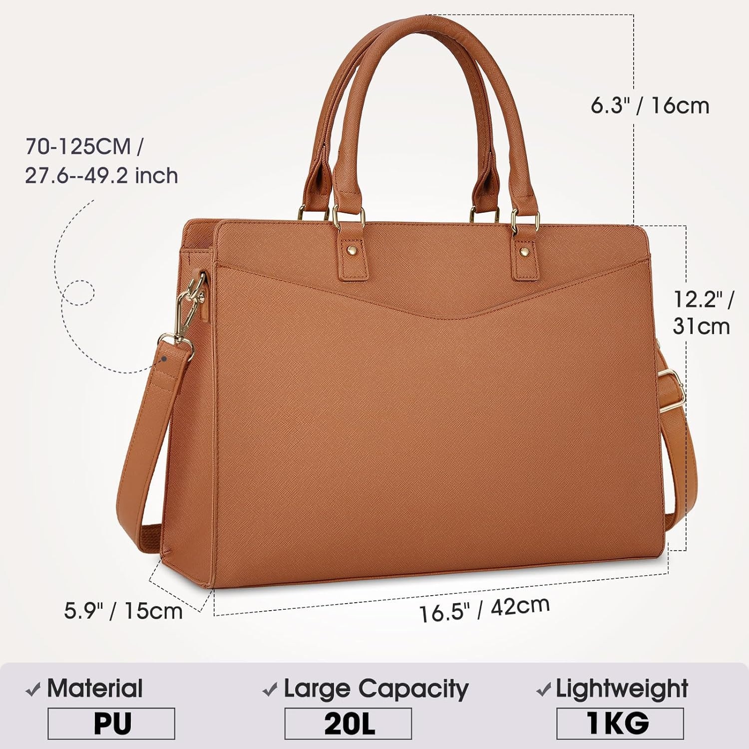 Geanta Laptop pentru Femei, BYONDSELF, 15.6", Multiple Compartimente Interioare, Curea de Umar Reglabila, Din Piele Ecologica PU, Universal, maro