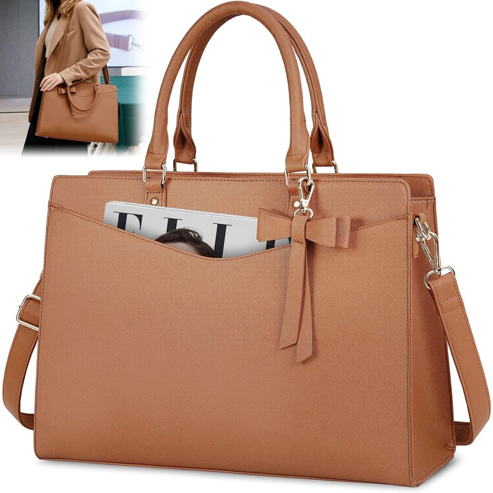 Geanta Laptop pentru Femei, BYONDSELF, 15.6", Multiple Compartimente Interioare, Curea de Umar Reglabila, Din Piele Ecologica PU, Universal, maro