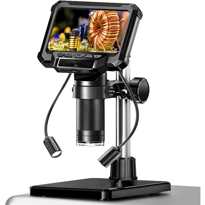 Feicaeesa® Цифров микроскоп HD 4.3 инча с IPS екран, 50X-1200X, 2 светлини, съвместим с Windows/Mac/Android, за ремонт на електроника, лупа за монети и печатни платки