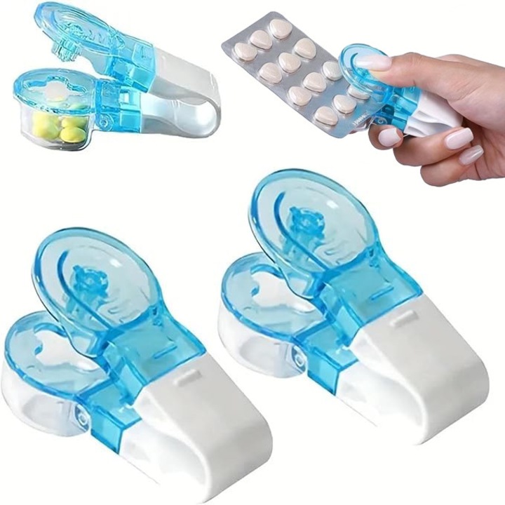Extractor de pastile, portabil, cutie de depozitare pentru pastile de calatorie, alb si albastru