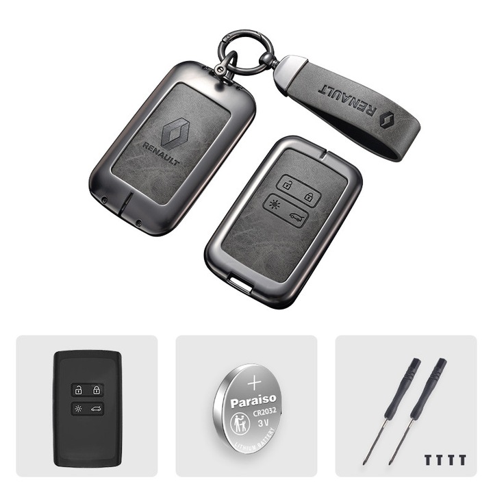 Husă premium MagAuto pentru card-cheie Renault tip B, aliaj de zinc, piele gri, set complet, negru