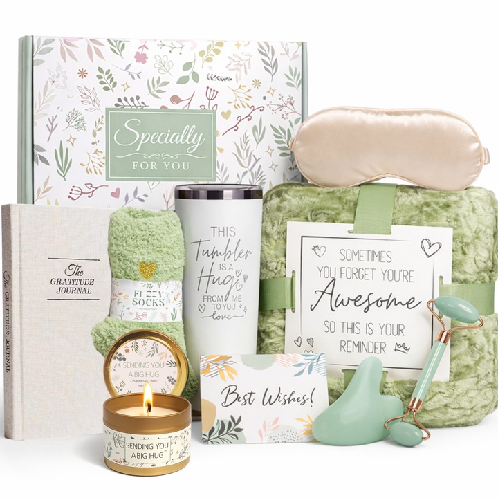 Set cadou pentru femei, 10 Produse premium, CADONIQUE®, Patura pufoasa, Jurnal Recunostinta, Cana termos inox, Lumanare parfumata, Masca somn, Sosete fine, Rola masaj, Gua Sha, Felicitare, Cutie eleganta, Cadouri pentru dama, ea, mama, iubita, sotie, sora