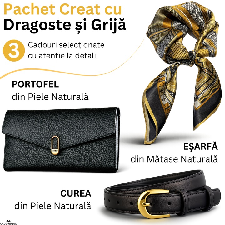 Női ajándékszett, 3 prémium termék, CADONIQUE®, Hosszú pénztárca valódi bőrből, Valódi bőr öv, Selyemsál, Kivételes elegáns dobozba csomagolva, Ideális ajándékötletek hölgyeknek, neki, anyának, barátnőnek, feleségnek, keresztanyának, Fekete/Arany