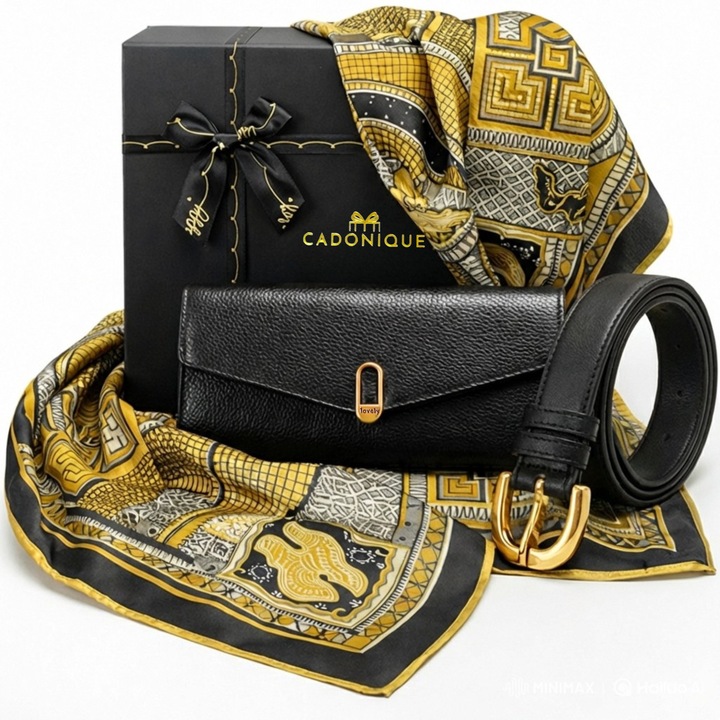 Set cadou pentru femei, 3 Produse premium, CADONIQUE®, Portofel lung din piele naturala, Curea din piele naturala, Esarfa din matase, Ambalate in cutie eleganta exceptionala, Ideie cadouri ideale pentru dama, ea, mama, iubita, sotie, nasa, Negru/Auriu