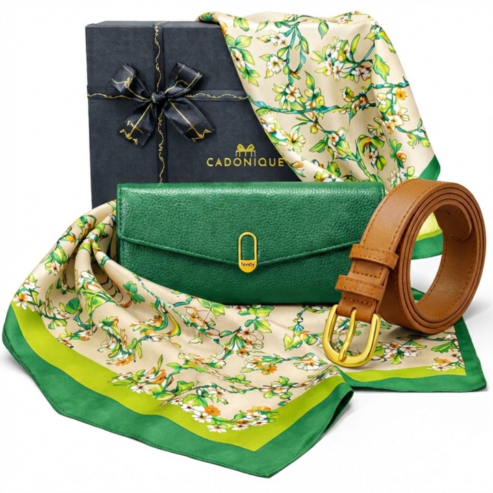 Set cadou pentru femei, 3 Produse premium, CADONIQUE®, Portofel lung din piele naturala, Curea din piele naturala, Esarfa din matase, Ambalate in cutie eleganta exceptionala, Ideie cadouri ideale pentru dama, ea, mama, iubita, sotie, nasa, Verde/Maro