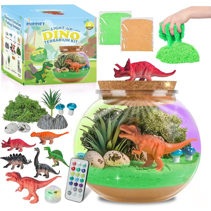 Dinoszaurusz terrárium készlet, Infinitara, LED lámpa távirányítóval, 6 dinoszaurusz miniatűr, 4-12 éves gyermekeknek