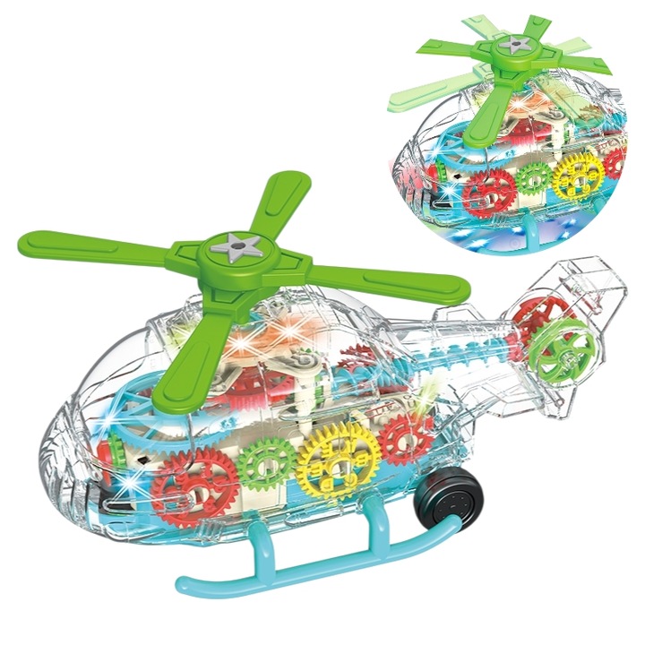 Jucarie interactiva elicopter cu lumini si proiectie, transparent cu mecanism vizibil care se misca, elice rotativa, lungime 24 cm