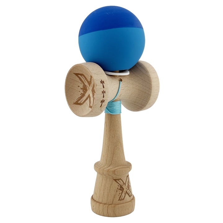 Kendama X Originala, Profesionala, Flippy, Rubber Grip, Cupe Mari KING SIZE V3, Gaura in Baza, Rulment Metalic, din lemn 18 cm, Ata 62/65 cm, Bicolor Albastru/Albastru deschis