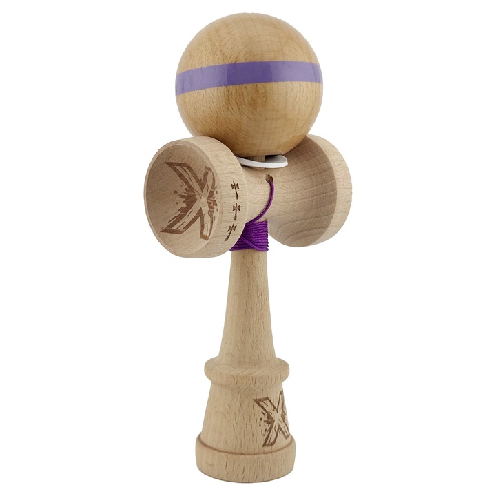 Kendama X Originala, Profesionala, Flippy, Super Sticky, Cupe Mari KING SIZE V3, Gaura in Baza, Rulment Metalic, din lemn 18 cm, Ata 62/65 cm, Original Mov