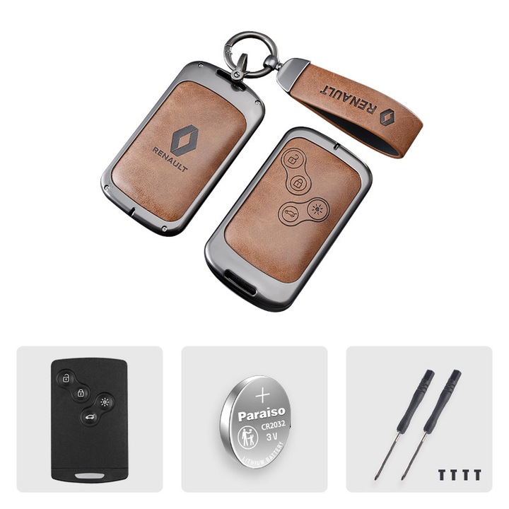 Husa premium MagAuto pentru card-cheie Renault (4 butoane), aliaj de zinc + piele maro, set complet