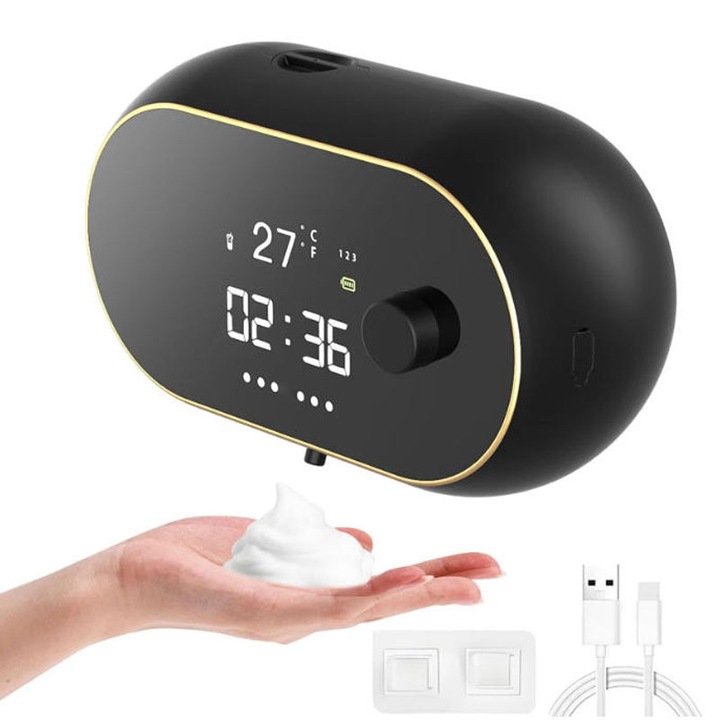 Automata folyékony szappanadagoló habbal, Rqiurpn, 3 állítható hangerő, 450 ml kapacitás, IPX5 vízálló, 2000 mAh akkumulátor, fürdőszobába, konyhába, szállodába, kórházba, bevásárlóközpontba, fekete