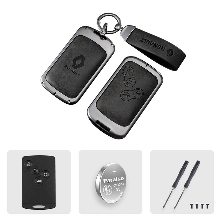 Husă premium cheie Renault tip B, MagAuto, aliaj de zinc + piele neagră, cadou baterie CR2032, set complet
