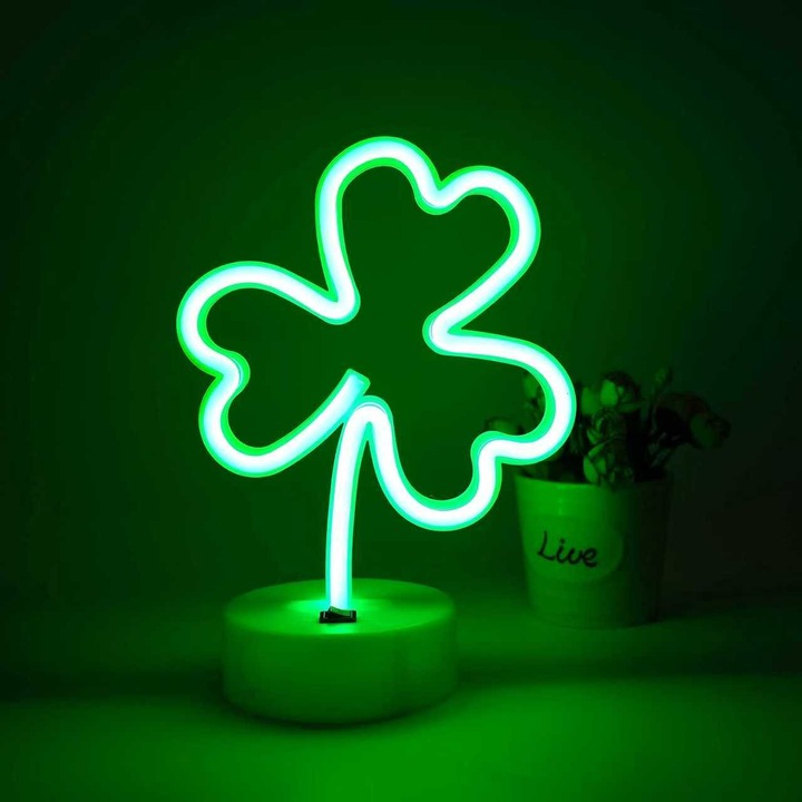 Veioza Shamrock cu Baza, Lumina Verde pentru Ziua Sf. Patrick, Alimentare USB/Baterii