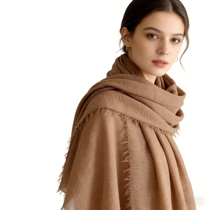 Esarfa oversized din bumbac-lin, bej deschis, 185x90cm, protectie solara, respirabila