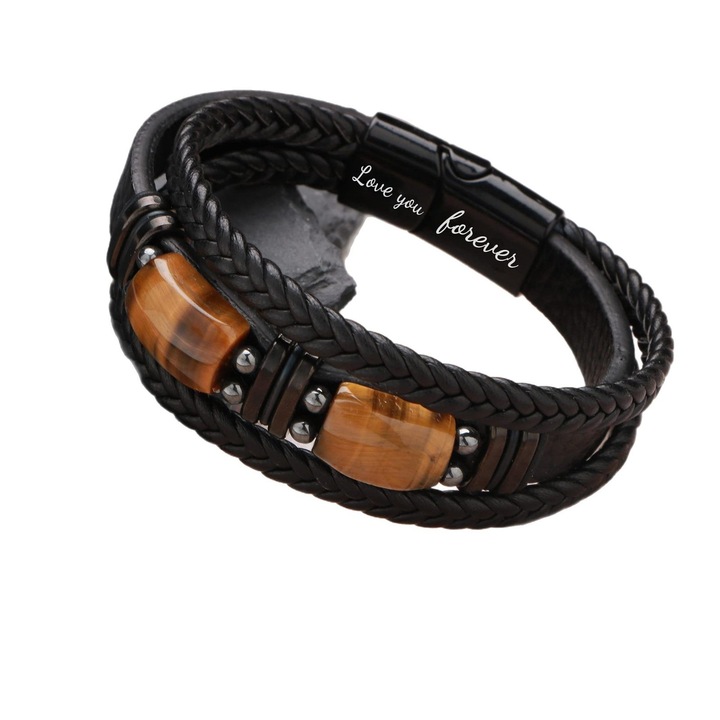 Bratara din piele cu piatra naturala Tiger's Eye galben, "I Love You Forever", inchidere magnetica, 21.6cm