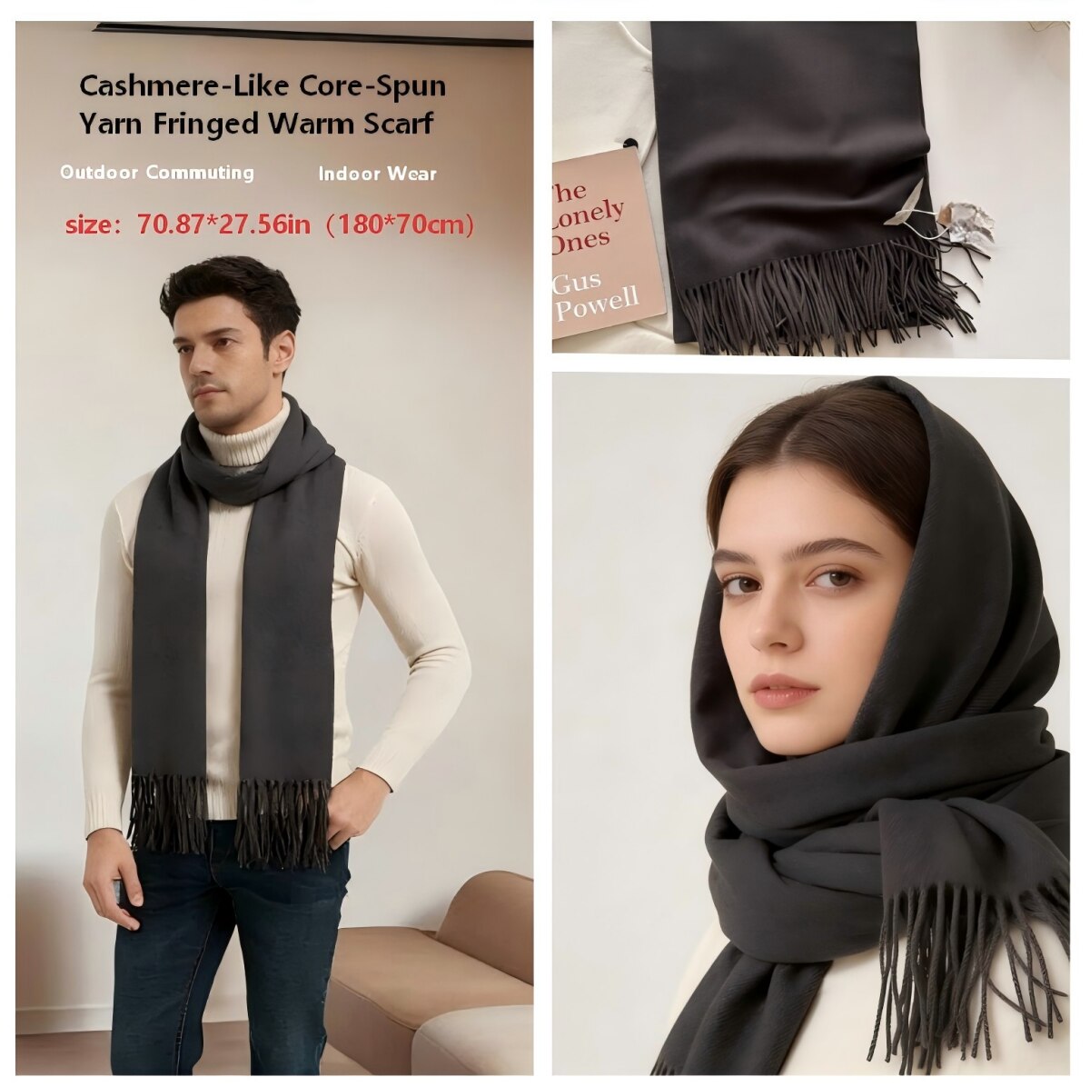 Fular din casmir, gri carbune, dimensiuni 180x70cm, cu franjuri, unisex ...