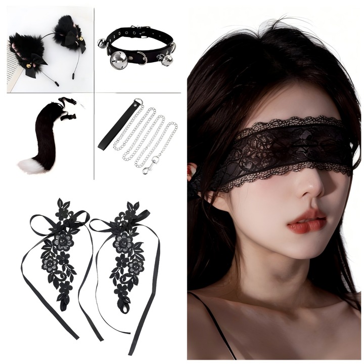 Set 6 piese erotice tema pisica, bentita urechi de pisica, coada detasabila, zgarda cu lesa, bratara dantelata, panglica decorativa, negru