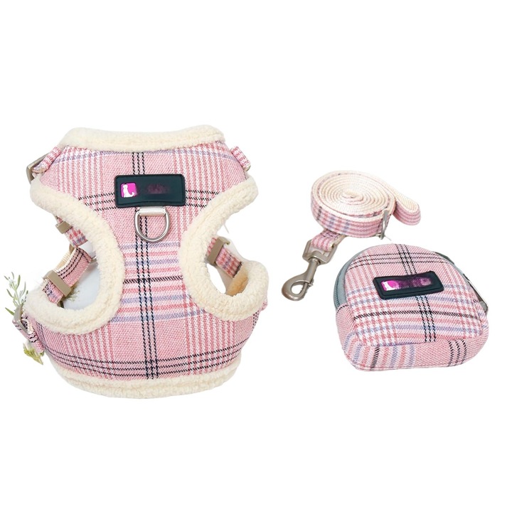 Set 3 in 1 pentru caini, ham cu fleece, lesa si punga pentru recompense, carouri roz, S pentru caini mici 1.5 - 3.5 kg