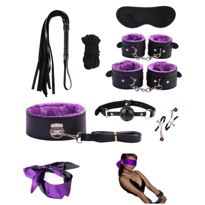 Комплект BDSM от 9 части, за двойки, екологична кожа, черен и лилав
