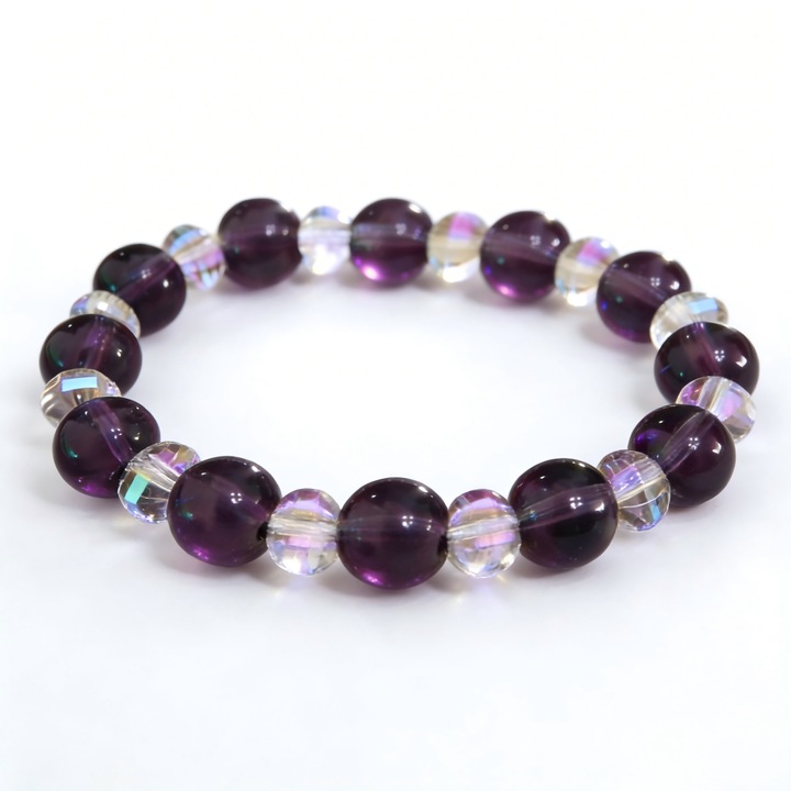 Bratara din cristal si sticla artizanala, model alternativ, mov si alb, pentru femei