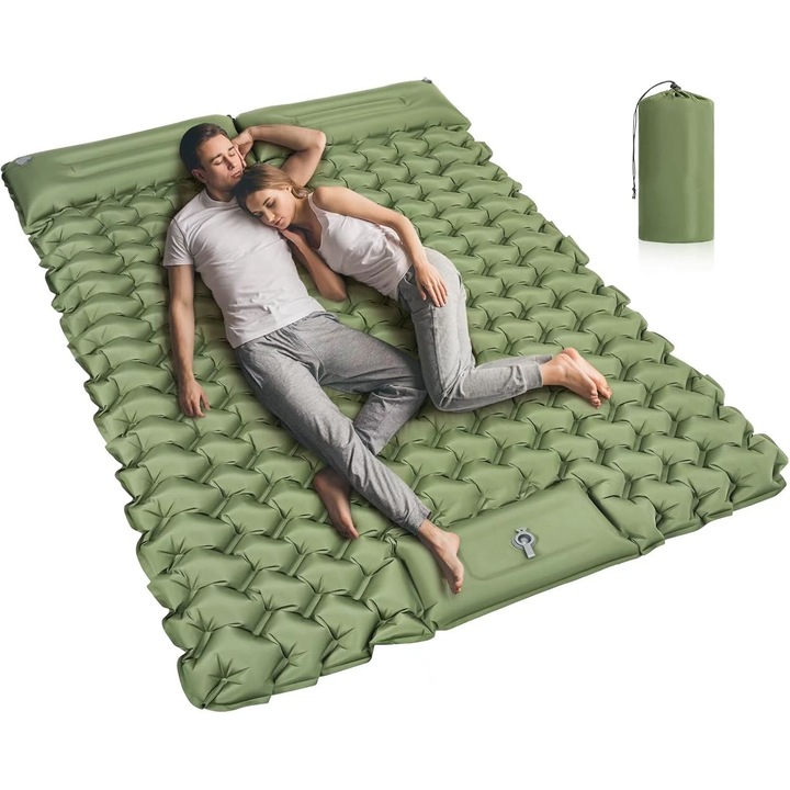 Надуваем двоен дюшек Bedee за къмпинг, 10 см, с крачна помпа и възглавници, 200x124 см, ултралек, компактен
