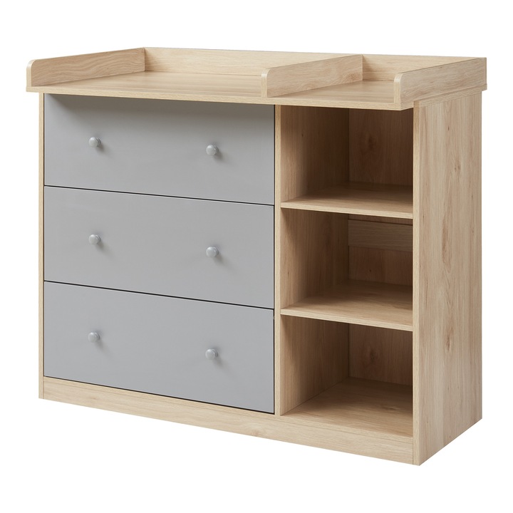 Comoda pentru infasat, Beldinupp, MDF, gri/efect stejar, 3 sertare, 93x110x55cm