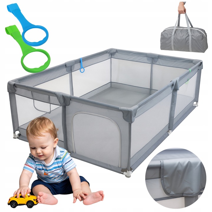 Кошарка/място за игра за деца, Zola, текстил, 2 дръжки за поддържане, чанта за носене, 200 × 140 × 65 см, сива