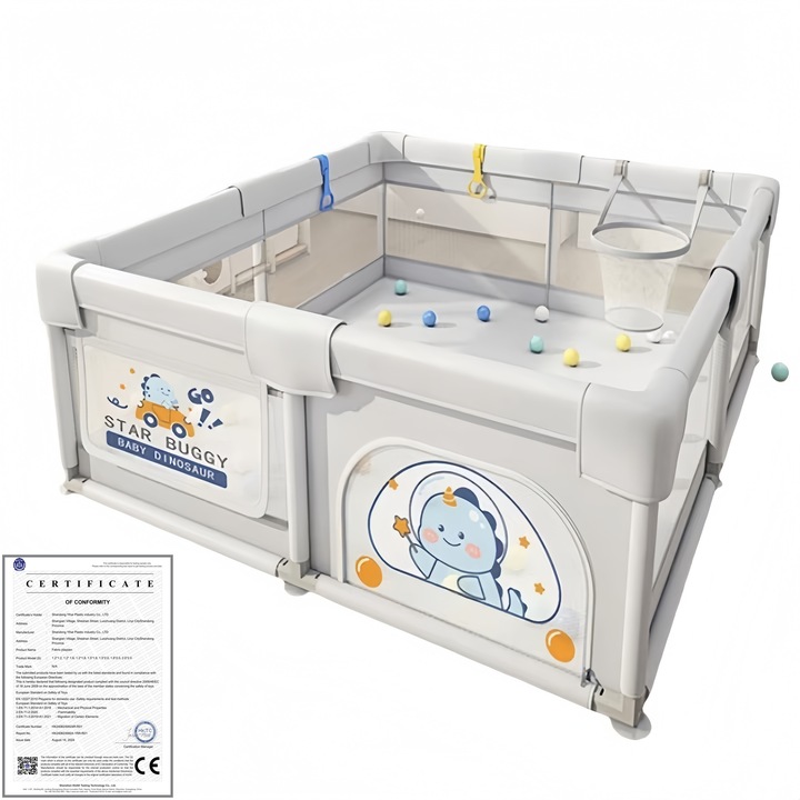 Tarc pentru bebelusi si copii mici Omelivon®, zona de joaca sigura, cu colturi de protectie, bariera de protectie, include poarta cu incuietoare, plasa elastica moale, include geanta de transport, asamblare si curatare usoara, gri, 150x180x65cm