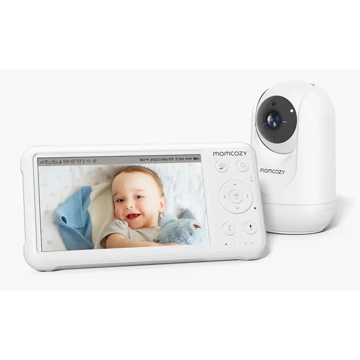 Monitor pentru bebelusi Momcozy BM01 cu camera si audio, ecran Full HD 1080p de 5", baterie de 5000 mAh, camera rotativa 350°/90°, zoom 2x/4x, mod nocturn, comunicare bidirectionala, raza lunga de actiune de pana la 292 m, fara Wi-Fi
