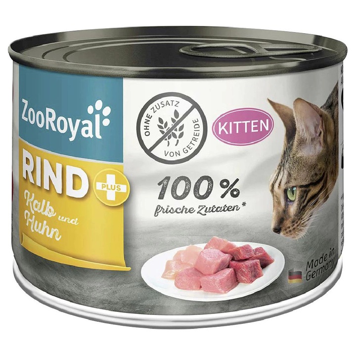 Hrana umeda pisici, conserva 200 gr, vita, vitel si pui, ZooRoyal