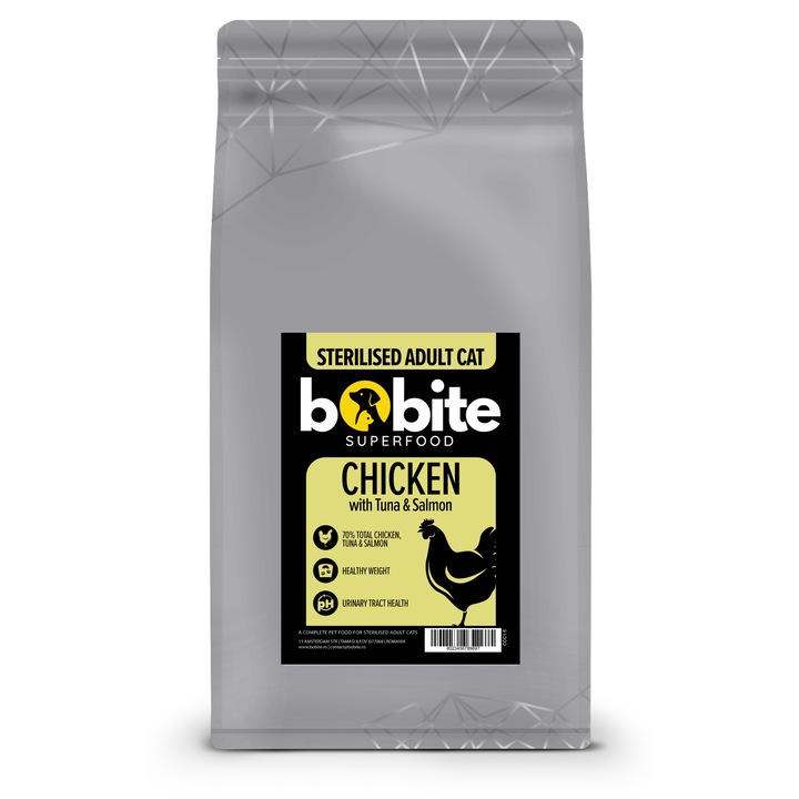 Bobite Superfood Adult Sterilizat – Pui, ton si somon, hrana uscata superpremium pisici fara cereale, 1, 5 kg