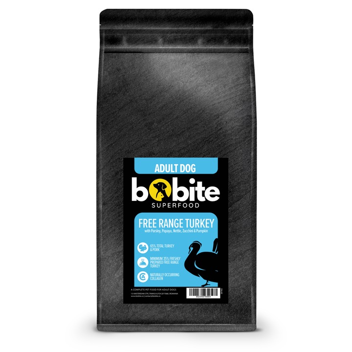 Bobite Superfood Curcan, hrana uscata superpremium pentru caini adulti, fara cereale, 2 kg, 65% ingrediente animala