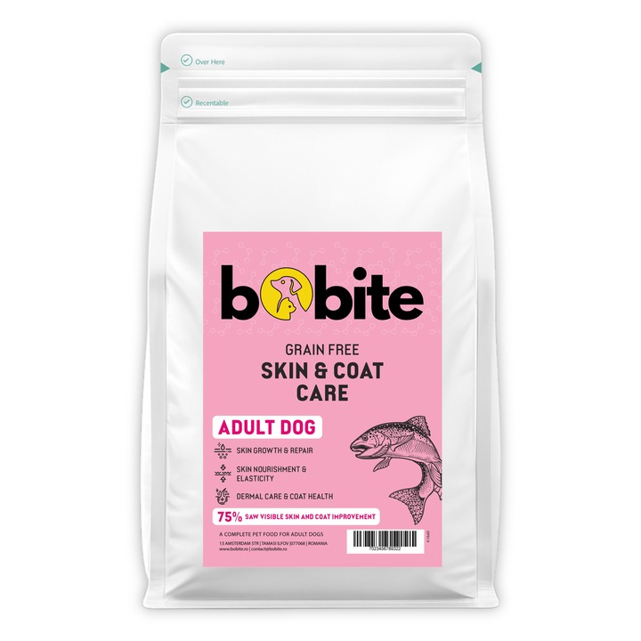 Bobite Peptide Plus Skin & Coat Care, hrana uscata caini adulti, somon, fara cereale, 1.5 kg