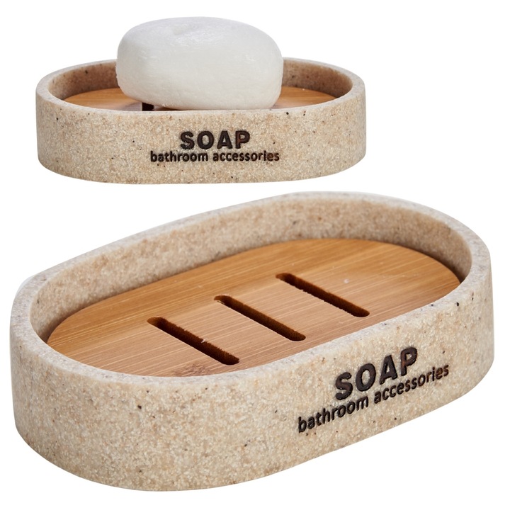 Savoniera Baie, BERILO, Insertie Din Bambus Natural, Design Elegant Scandinav, Orificii Pentru Scurgere Apa, Mentinere Sapun Uscat, Material Rasina Durabila, Constructie Stabila Si Practica, Aspect Modern Si Minimalist, Bej