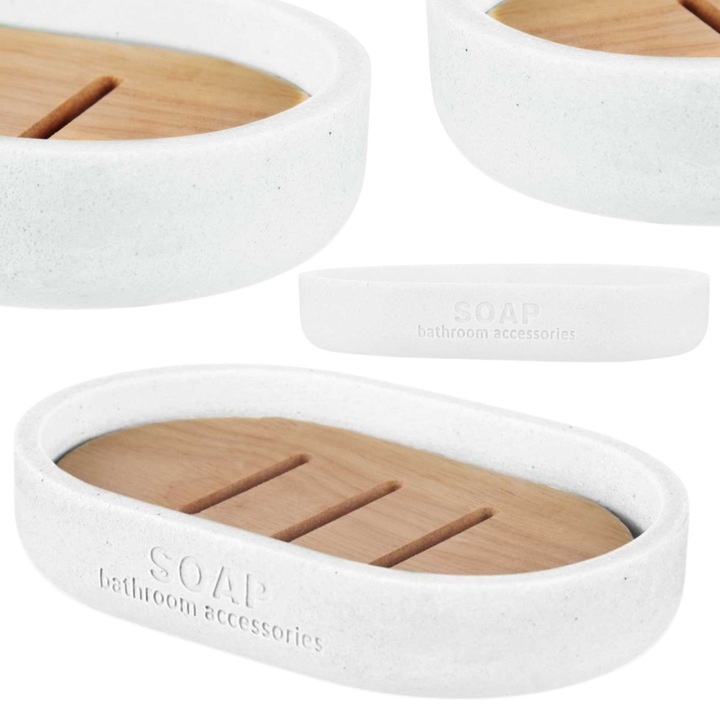Savoniera Baie, BERILO, Insertie Din Bambus Natural, Design Elegant Scandinav, Orificii Pentru Scurgere Apa, Mentinere Sapun Uscat, Material Rasina Durabila, Constructie Stabila Si Practica, Aspect Modern Si Minimalist, Alb