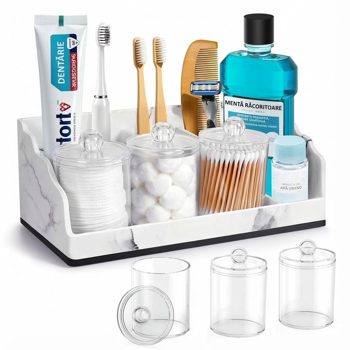 Organizator Blat Baie din Rasina Premium, Model Marmura, cu 3 Suporturi Betisoare Bumbac si Suport Periute de Dinti 6 Compartimente, Leccik®, Depozitare Accesorii Baie Durabile si Ecologice