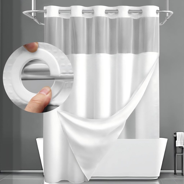 Set Perdea Dus Fara Carlige cu Captuseala Detasabila Snap-In, Tesatura Waffle Alba pentru Baie, Rezistenta la Apa, Lavabila la Masina, Stil Hotel Lux, 183x190 cm, Fereastra Mesh Transparenta,, Captuseala Textila Impermeabila