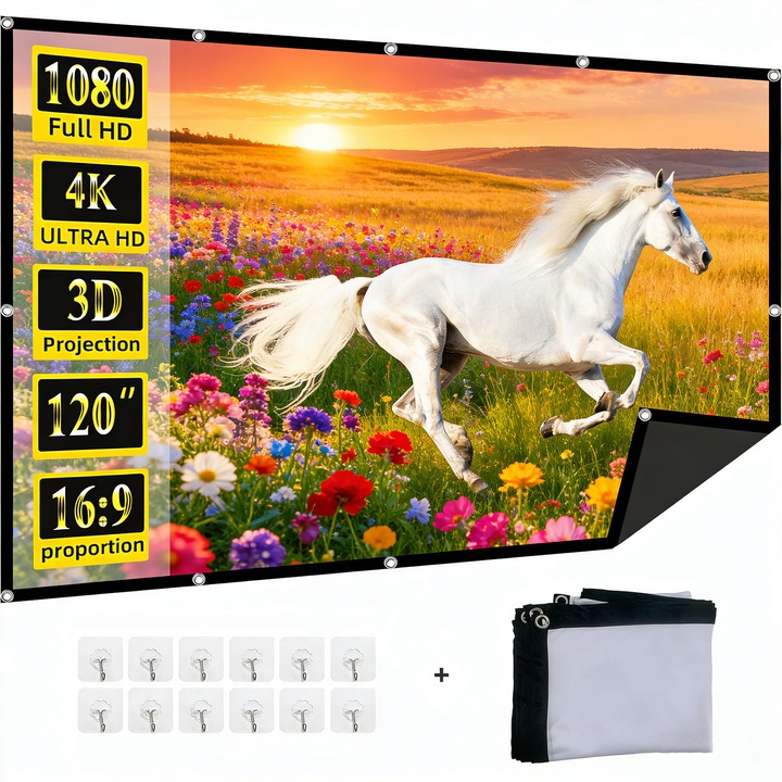 Прожекционен екран, BYONDSELF®, 120 инча, Двустранен, за Ден и Нощ, 16:9 Текстил, 4K HD, Поддържа 1080P/3D