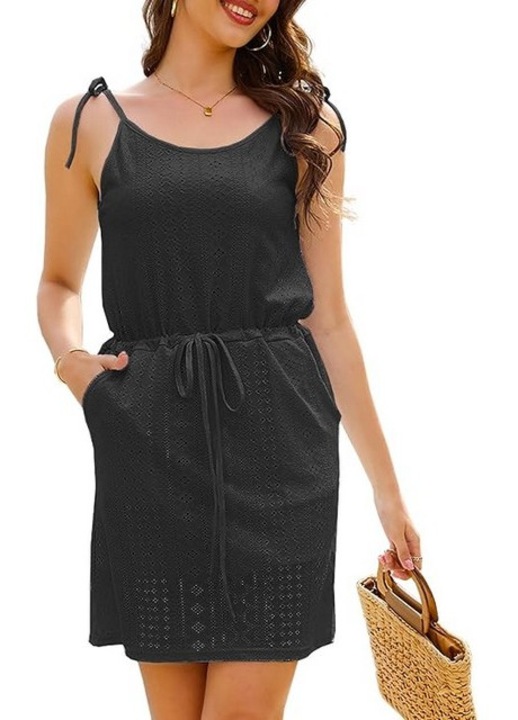 Дамска лятна рокля без ръкави, с регулируеми презрамки, мини, с джобове, черна, Черен