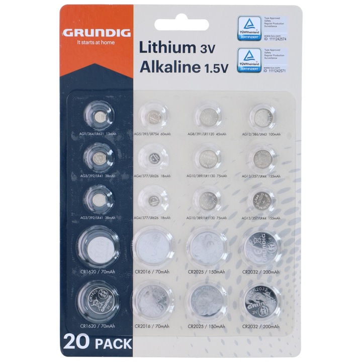 Set 20 baterii tip buton AG/CR, Grundig, alcalin, universal