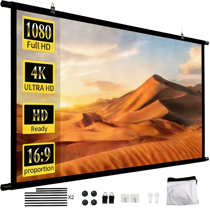 Ecran de Proiectie, BYONDSELF®, 120 inch, 16:9 Textil, Fata-verso, pentru Zi si Noapte, 4K HD, Suport 1080P/3D