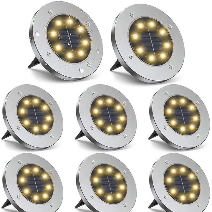 Set de 8 lampi solare de gradina, 8 LED-uri, 3000K alb cald, IP65 rezistent la apa, pentru alei, terase, peluze, curti