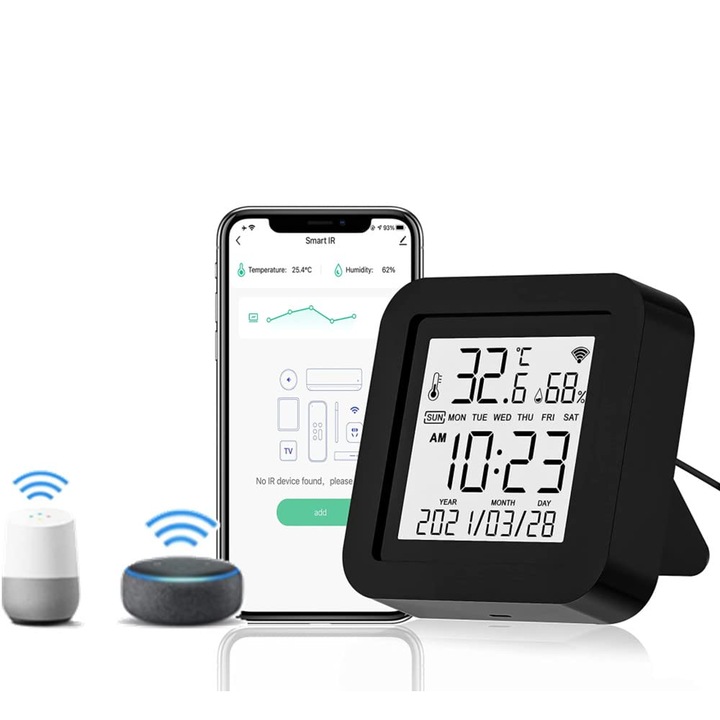 Termometru Meteo cu Control Vocal si Telecomanda IR, 0-60°C, 0%-99% RH, Multicolor