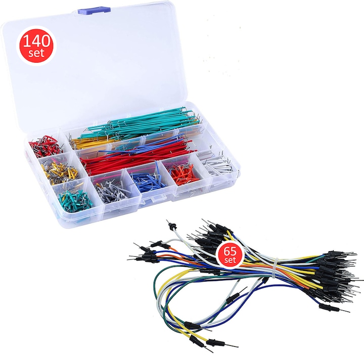 65 darabos breadboard kábelkészlet + 140 darabos breadboard jumper vezeték, rugalmas szigetelt vezetékek 2mm–125mm, multifunkcionális elektronikai alkalmazásokhoz